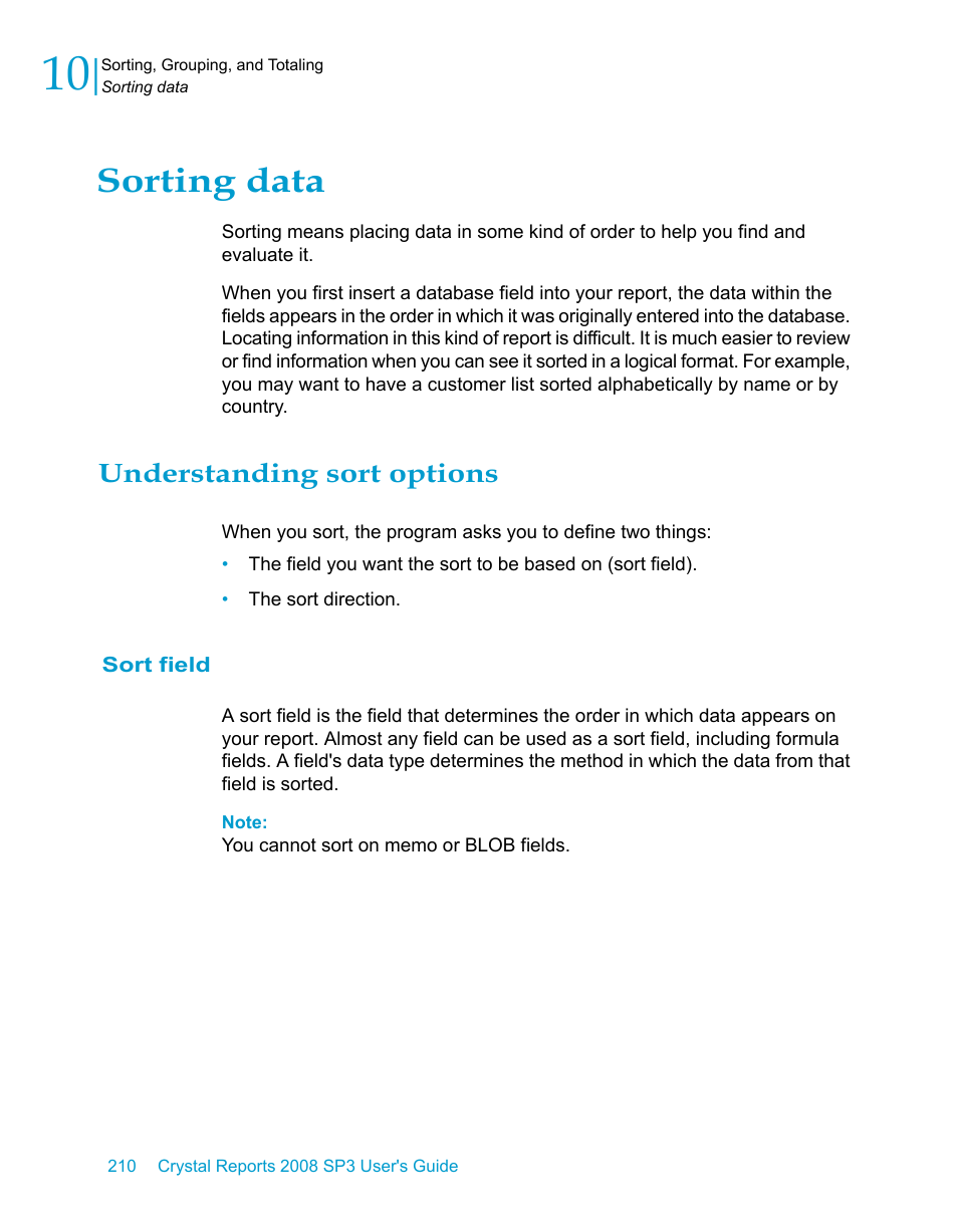 Sorting data, Understanding sort options, Sort field | HP Intelligent Management Center Standard Software Platform User Manual | Page 210 / 814