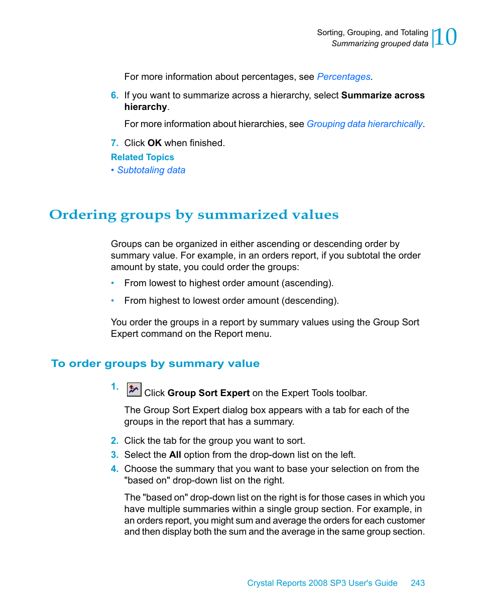 Ordering groups by summarized values, To order groups by summary value | HP Intelligent Management Center Standard Software Platform User Manual | Page 243 / 814