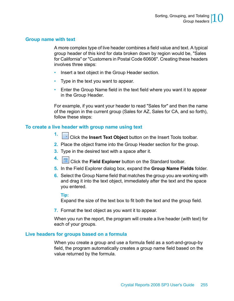 Group name with text, To create a live header with group name using text, Live headers for groups based on a formula | HP Intelligent Management Center Standard Software Platform User Manual | Page 255 / 814