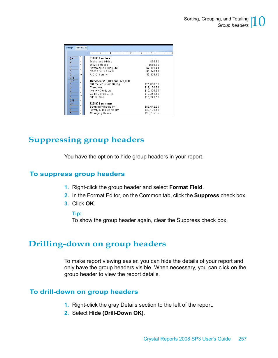 Suppressing group headers, To suppress group headers, Drilling-down on group headers | To drill-down on group headers | HP Intelligent Management Center Standard Software Platform User Manual | Page 257 / 814