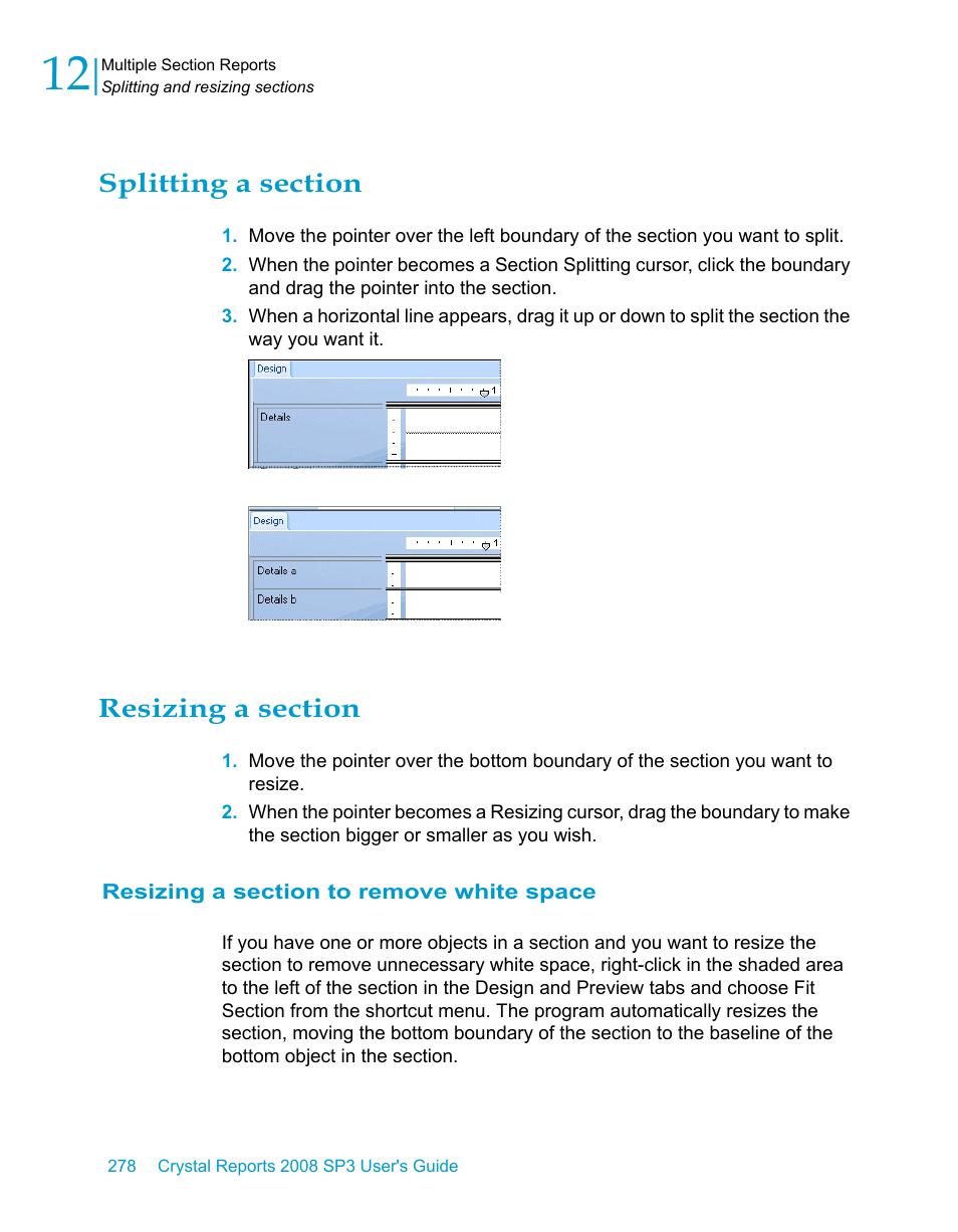 Splitting a section, Resizing a section, Resizing a section to remove white space | HP Intelligent Management Center Standard Software Platform User Manual | Page 278 / 814