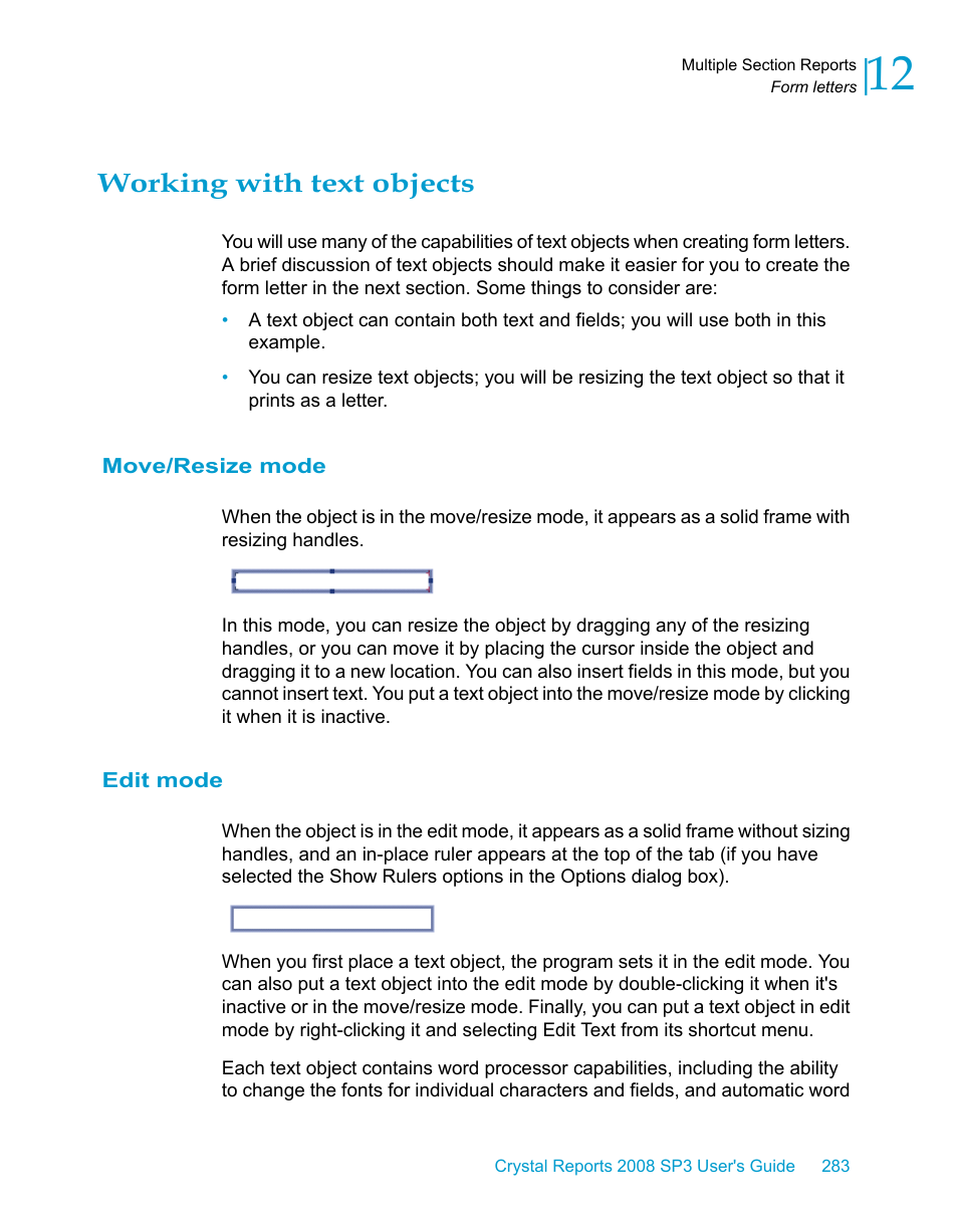 Working with text objects, Move/resize mode, Edit mode | HP Intelligent Management Center Standard Software Platform User Manual | Page 283 / 814