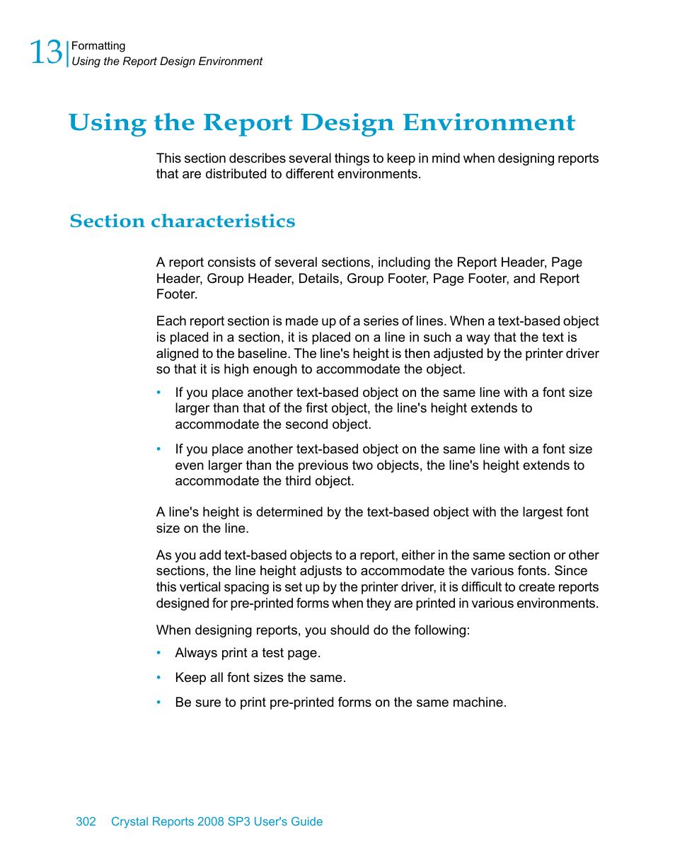 Using the report design environment, Section characteristics | HP Intelligent Management Center Standard Software Platform User Manual | Page 302 / 814