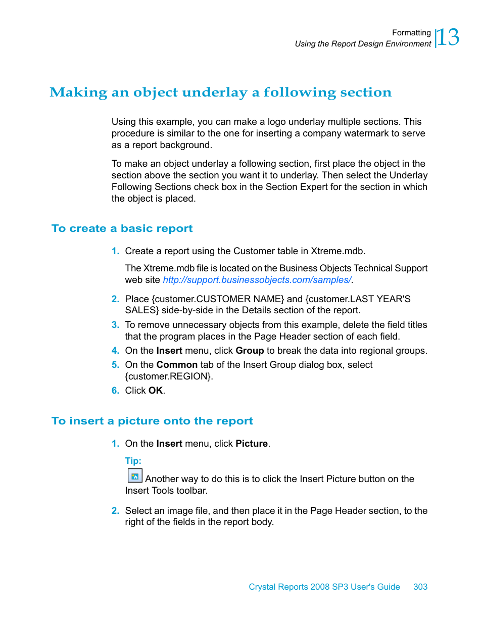 Making an object underlay a following section, To create a basic report, To insert a picture onto the report | HP Intelligent Management Center Standard Software Platform User Manual | Page 303 / 814