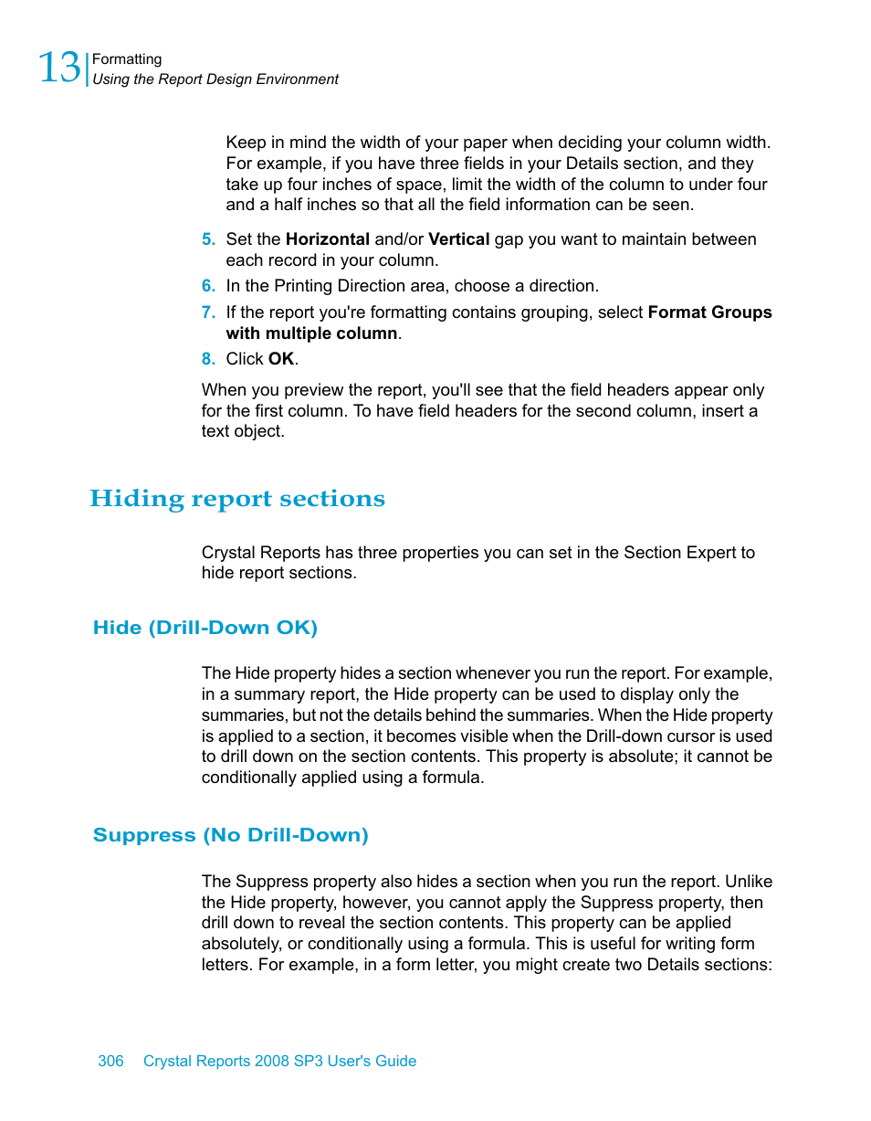 Hiding report sections, Hide (drill-down ok), Suppress (no drill-down) | HP Intelligent Management Center Standard Software Platform User Manual | Page 306 / 814