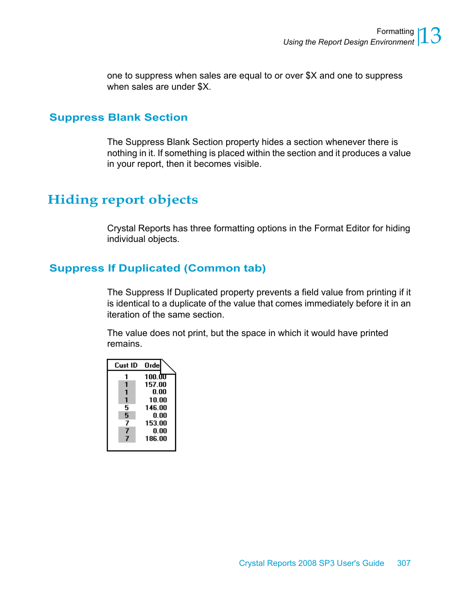 Suppress blank section, Hiding report objects, Suppress if duplicated (common tab) | HP Intelligent Management Center Standard Software Platform User Manual | Page 307 / 814