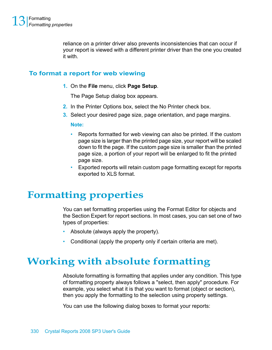 To format a report for web viewing, Formatting properties, Working with absolute formatting | HP Intelligent Management Center Standard Software Platform User Manual | Page 330 / 814