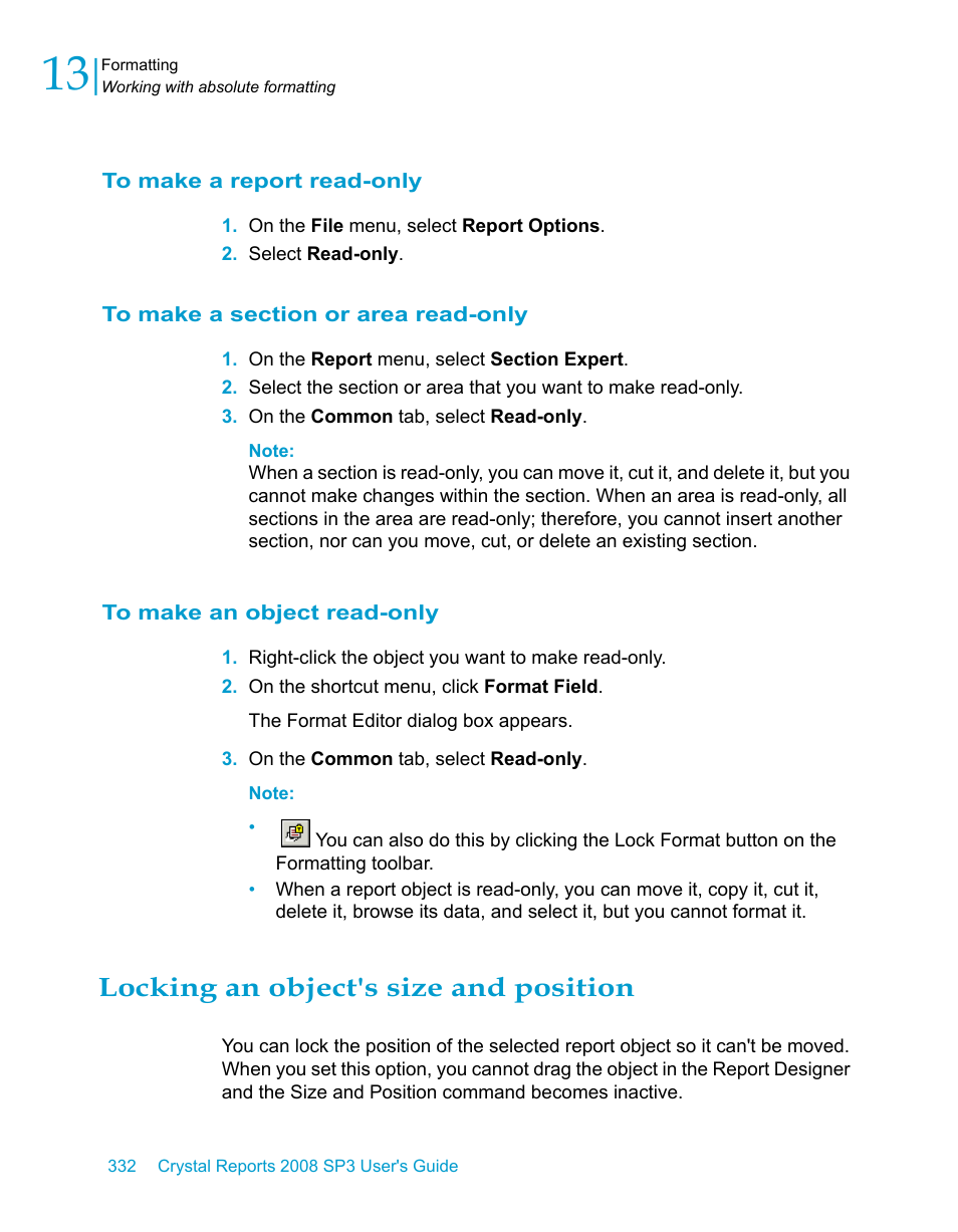 To make a report read-only, To make a section or area read-only, To make an object read-only | Locking an object's size and position | HP Intelligent Management Center Standard Software Platform User Manual | Page 332 / 814