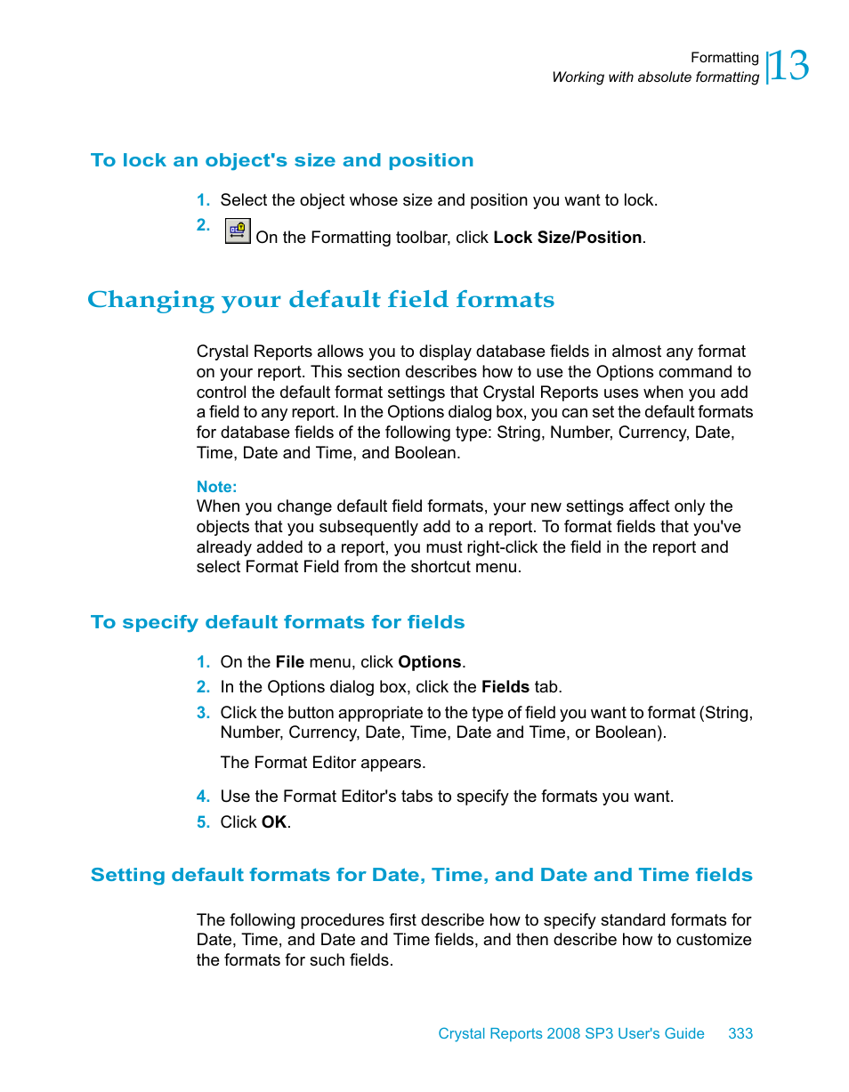 To lock an object's size and position, Changing your default field formats, To specify default formats for fields | HP Intelligent Management Center Standard Software Platform User Manual | Page 333 / 814