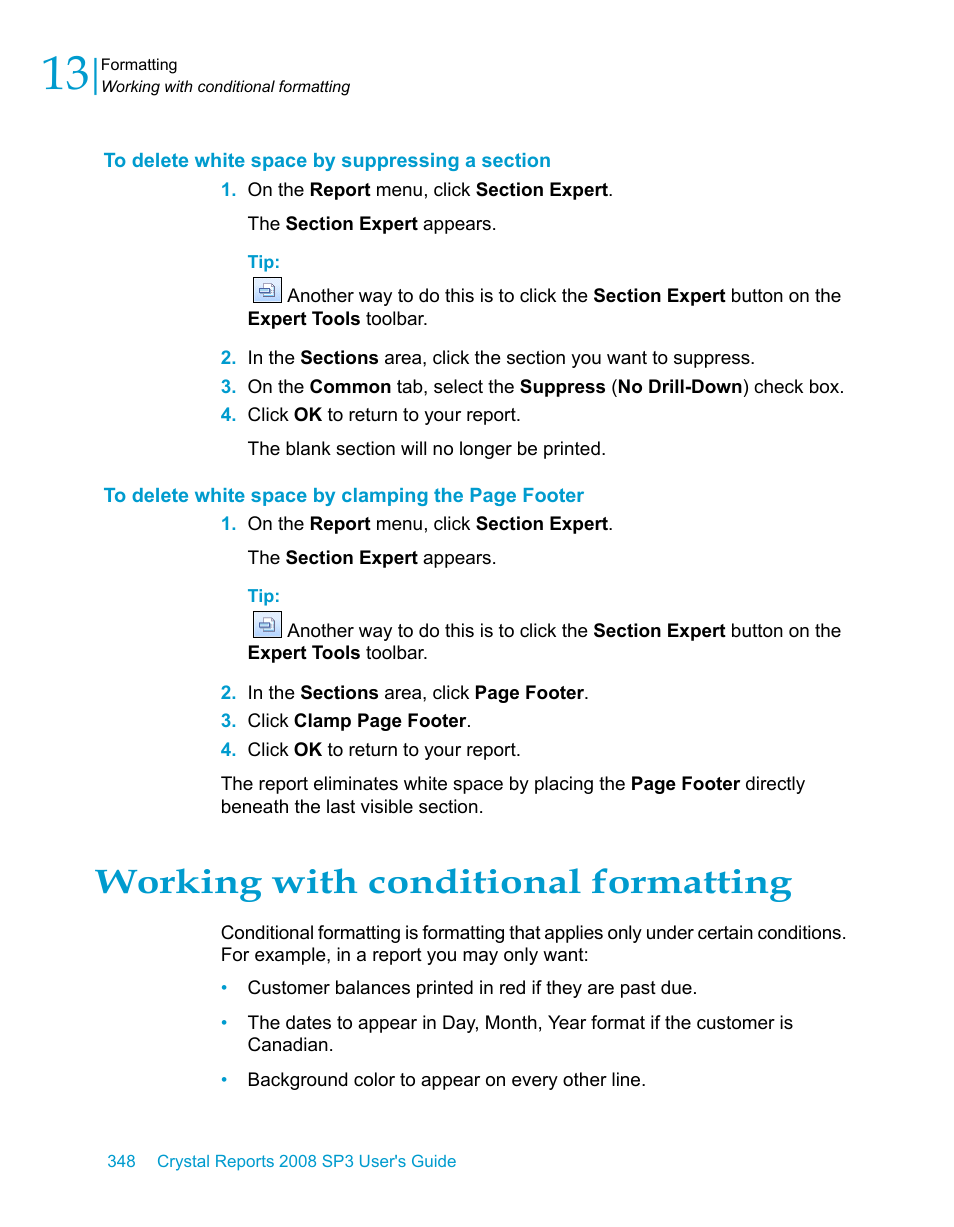 To delete white space by suppressing a section, Working with conditional formatting, Working with conditional | Formatting | HP Intelligent Management Center Standard Software Platform User Manual | Page 348 / 814