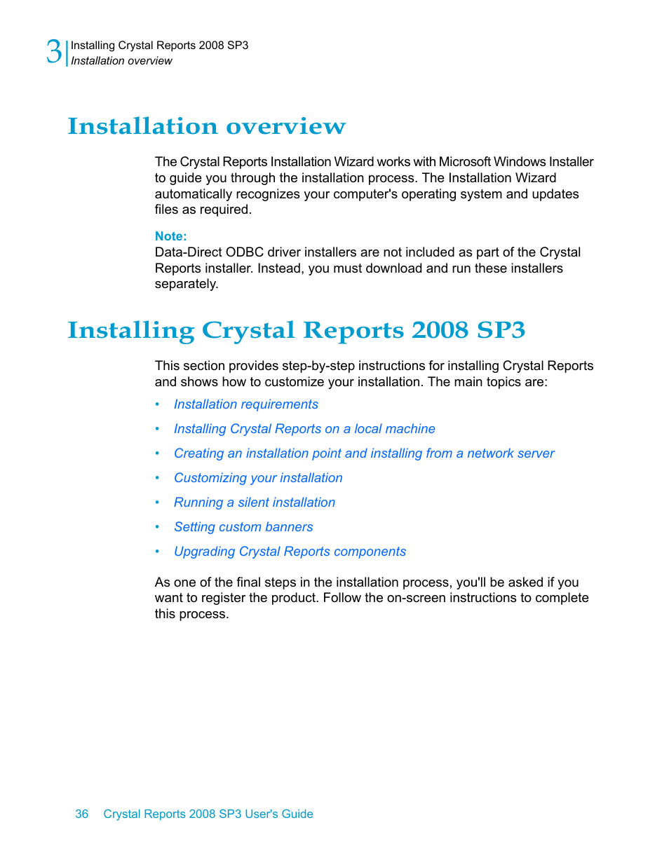 Installation overview, Installing crystal reports 2008 sp3 | HP Intelligent Management Center Standard Software Platform User Manual | Page 36 / 814