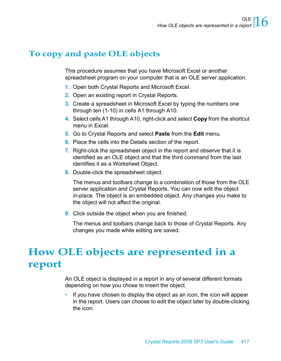 To copy and paste ole objects, How ole objects are represented in a report | HP Intelligent Management Center Standard Software Platform User Manual | Page 417 / 814