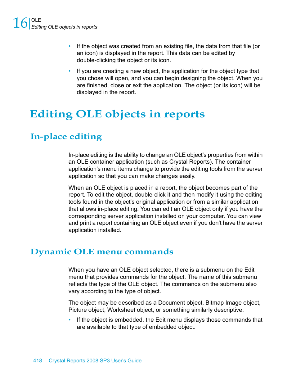 Editing ole objects in reports, In-place editing, Dynamic ole menu commands | HP Intelligent Management Center Standard Software Platform User Manual | Page 418 / 814