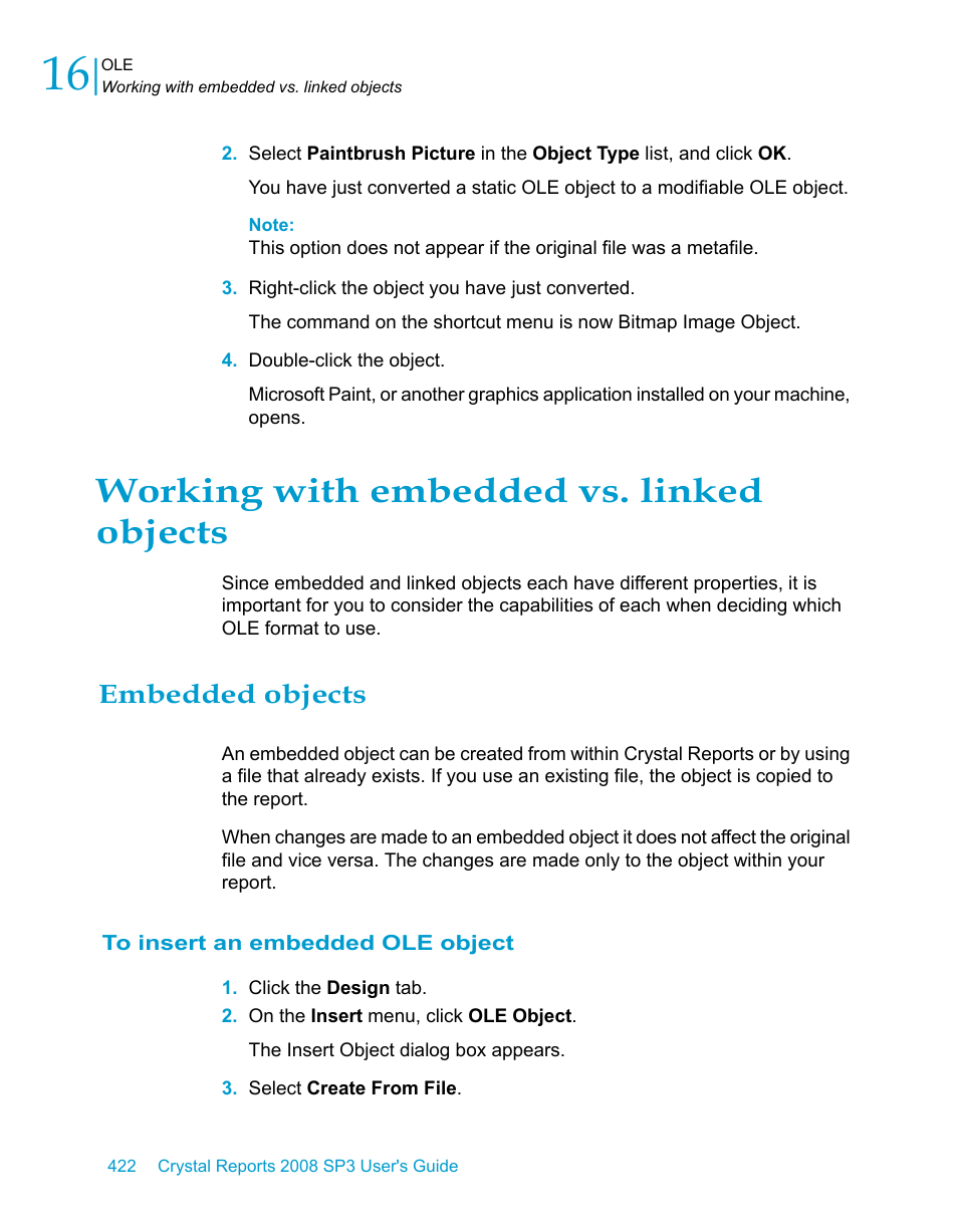 Working with embedded vs. linked objects, Embedded objects, To insert an embedded ole object | HP Intelligent Management Center Standard Software Platform User Manual | Page 422 / 814