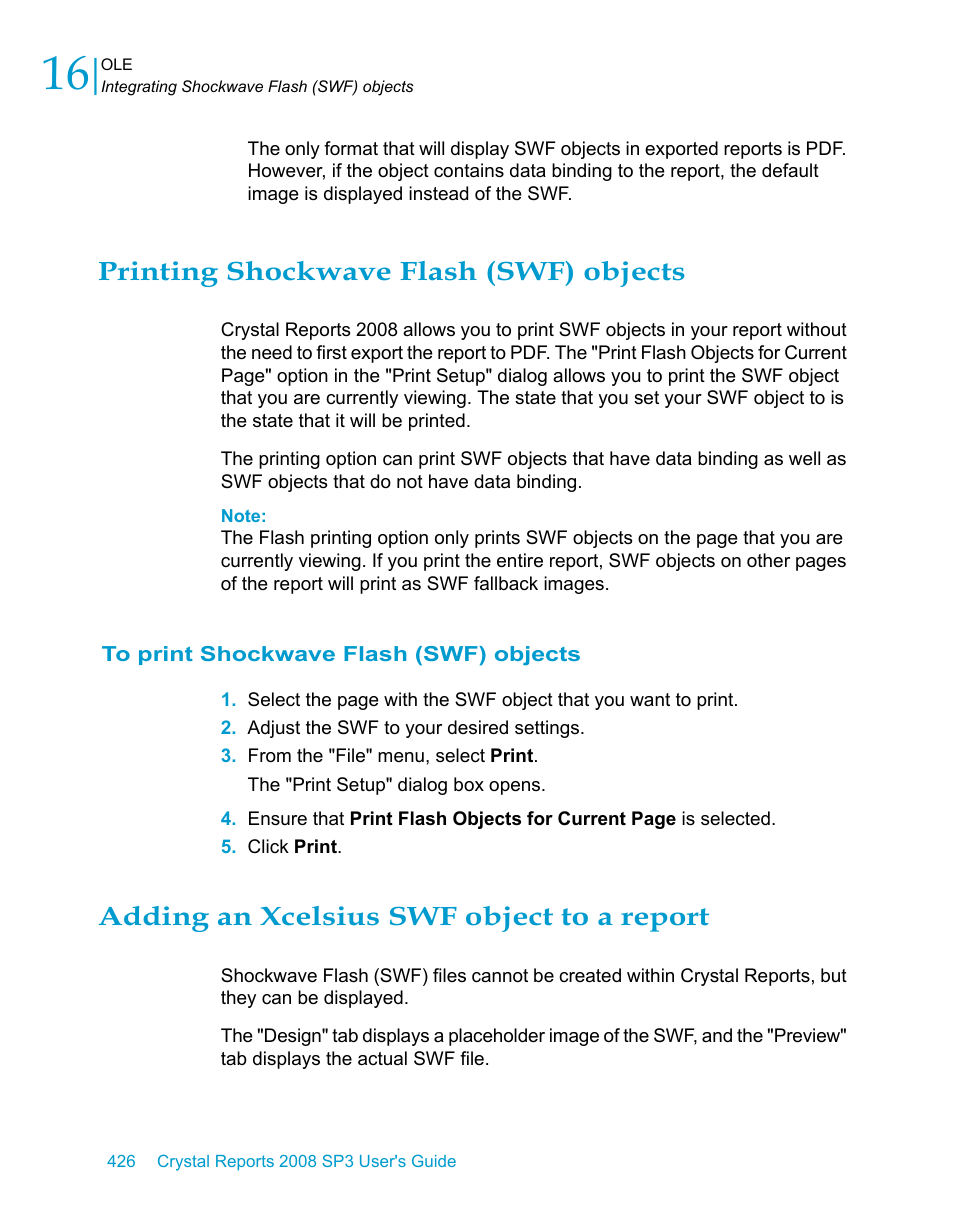 Printing shockwave flash (swf) objects, To print shockwave flash (swf) objects, Adding an xcelsius swf object to a report | HP Intelligent Management Center Standard Software Platform User Manual | Page 426 / 814