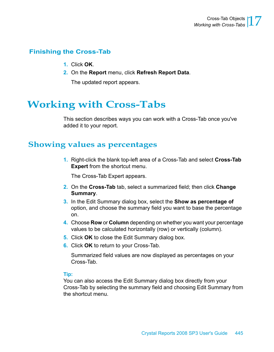 Finishing the cross-tab, Working with cross-tabs, Showing values as percentages | HP Intelligent Management Center Standard Software Platform User Manual | Page 445 / 814