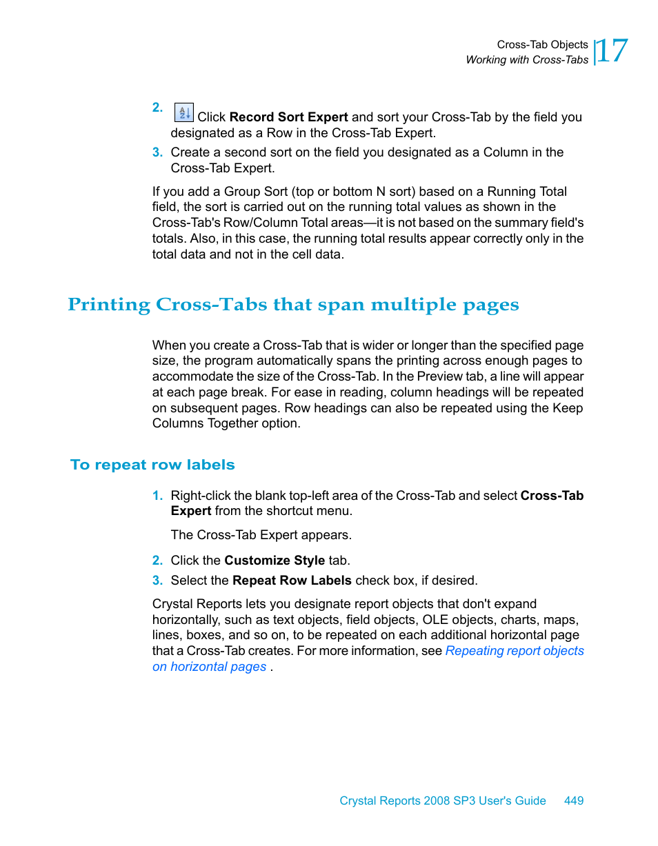 To repeat row labels, Printing cross-tabs that span multiple pages | HP Intelligent Management Center Standard Software Platform User Manual | Page 449 / 814