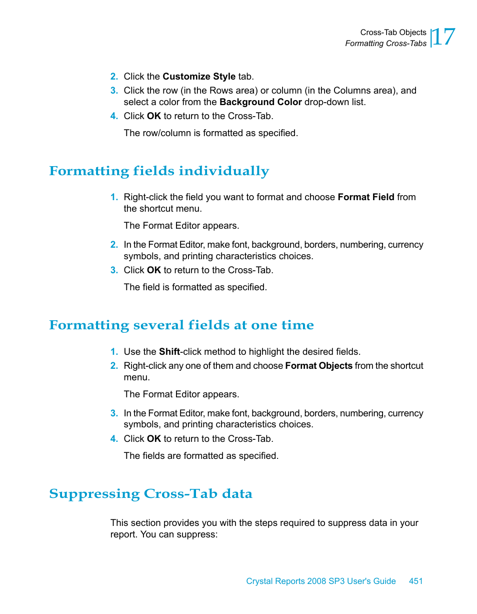 Formatting fields individually, Formatting several fields at one time, Suppressing cross-tab data | HP Intelligent Management Center Standard Software Platform User Manual | Page 451 / 814