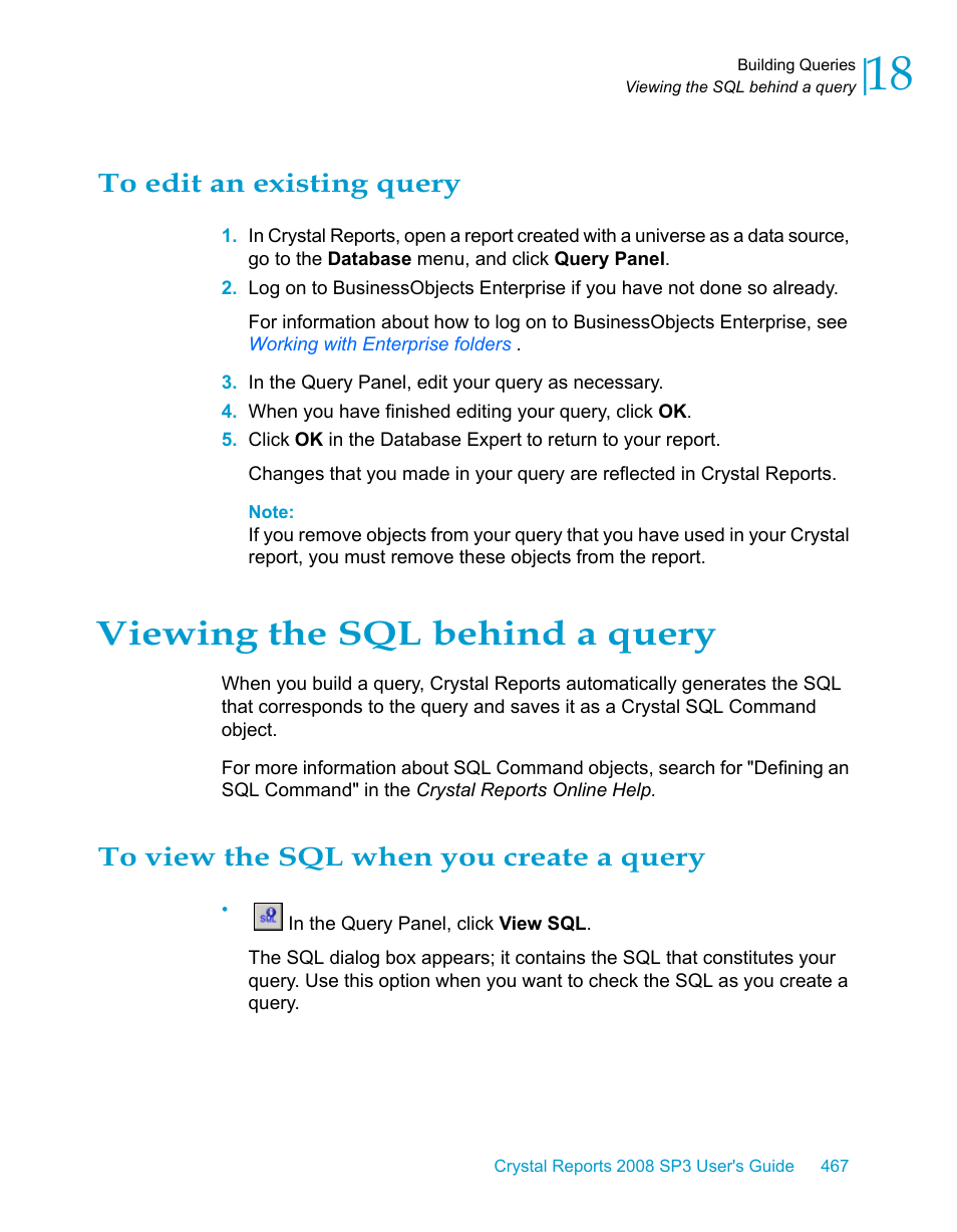 To edit an existing query, Viewing the sql behind a query, To view the sql when you create a query | HP Intelligent Management Center Standard Software Platform User Manual | Page 467 / 814