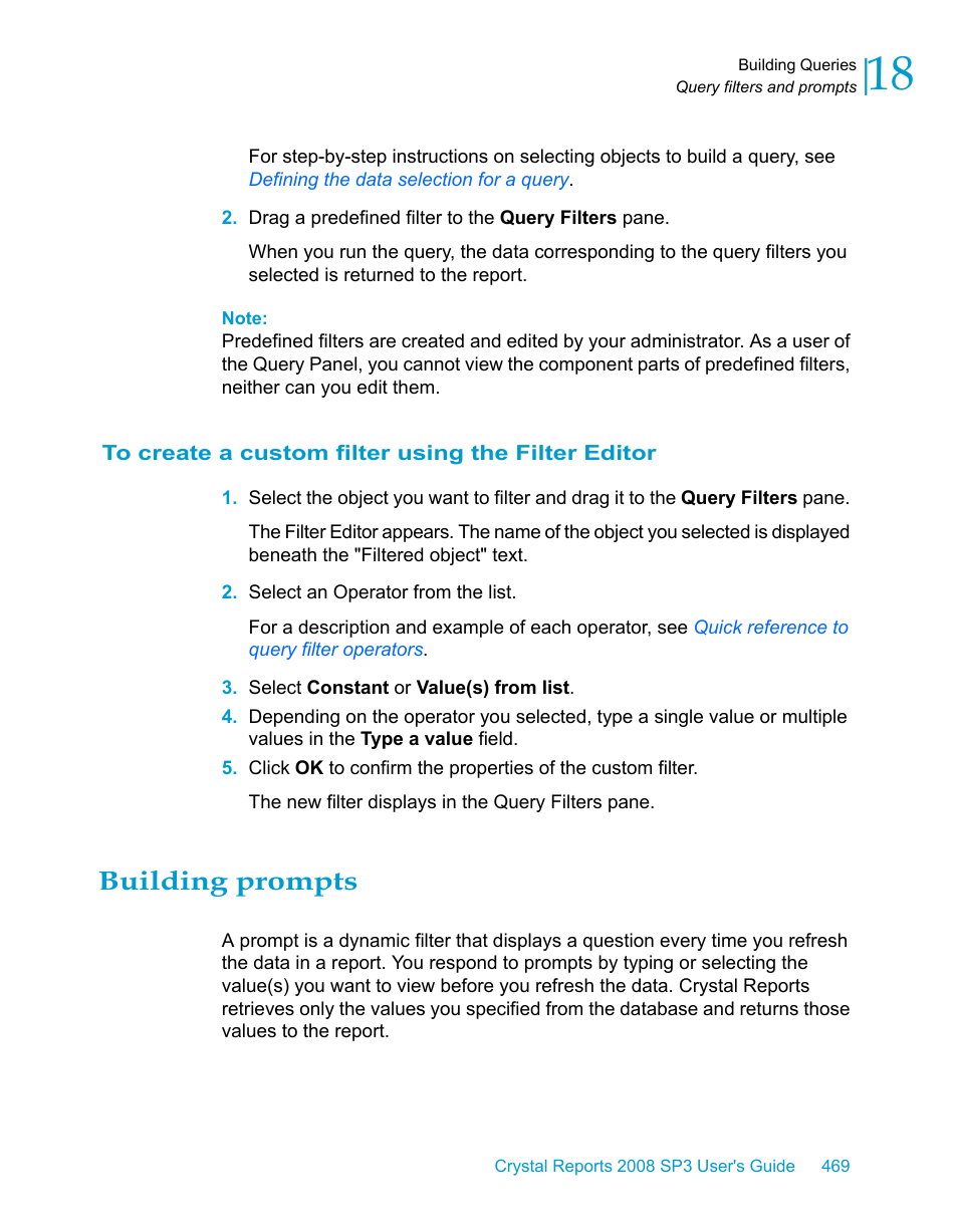 To create a custom filter using the filter editor, Building prompts | HP Intelligent Management Center Standard Software Platform User Manual | Page 469 / 814