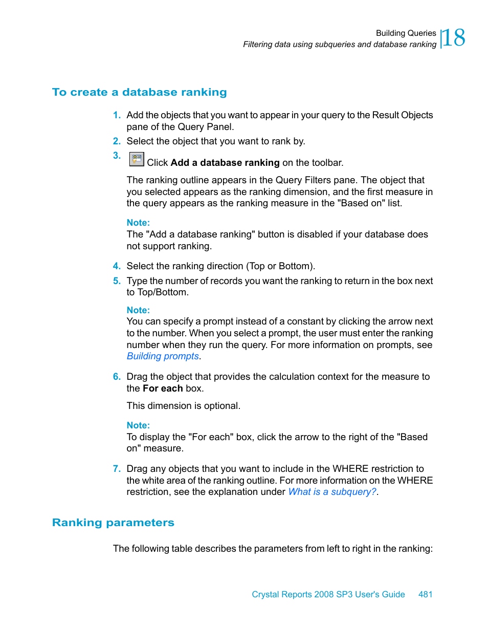 To create a database ranking, Ranking parameters | HP Intelligent Management Center Standard Software Platform User Manual | Page 481 / 814