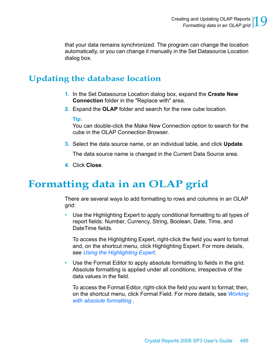 Updating the database location, Formatting data in an olap grid | HP Intelligent Management Center Standard Software Platform User Manual | Page 495 / 814