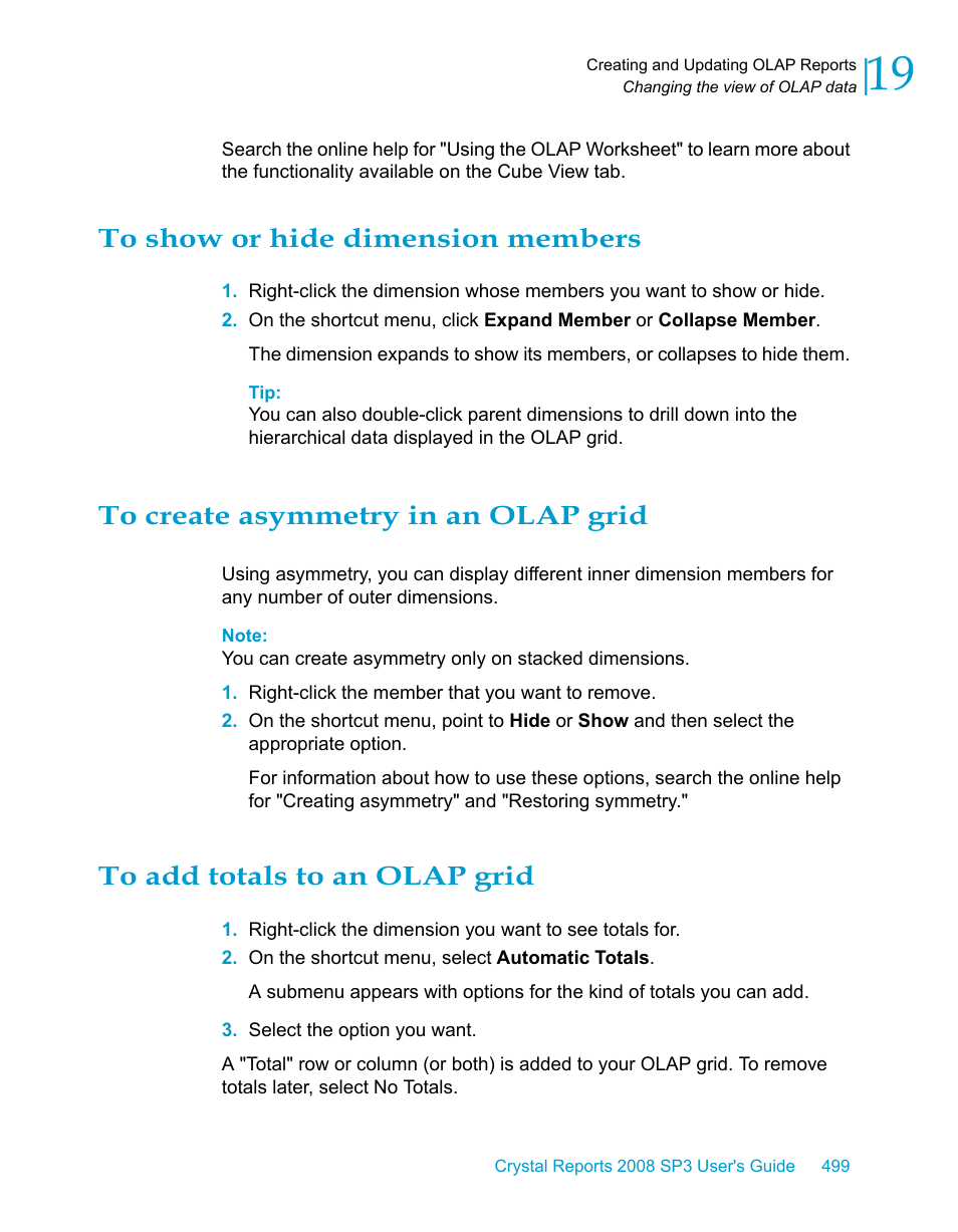 To show or hide dimension members, To create asymmetry in an olap grid, To add totals to an olap grid | HP Intelligent Management Center Standard Software Platform User Manual | Page 499 / 814