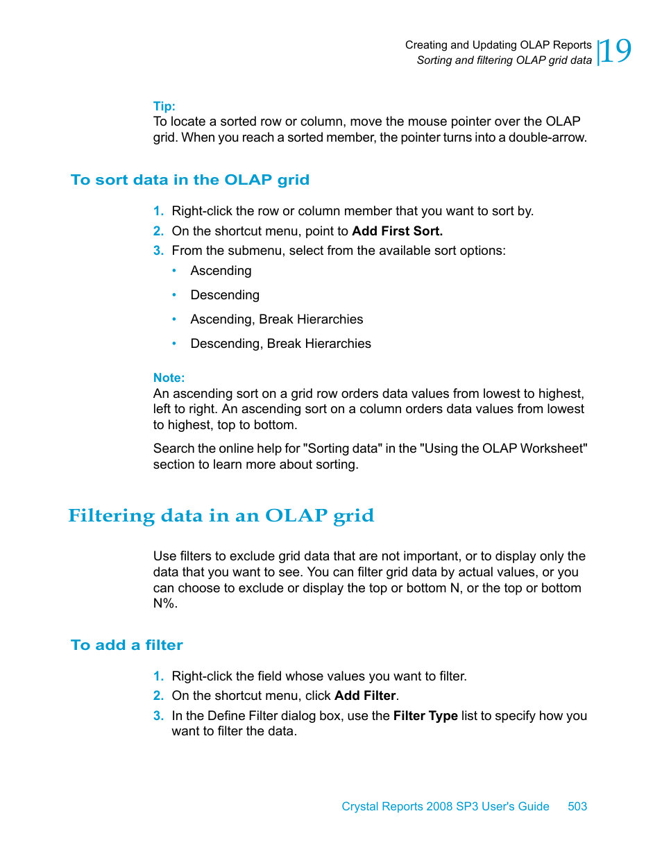 To sort data in the olap grid, Filtering data in an olap grid, To add a filter | HP Intelligent Management Center Standard Software Platform User Manual | Page 503 / 814