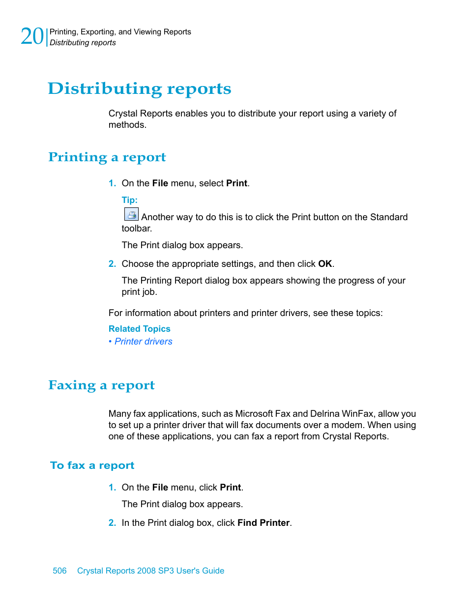 Distributing reports, Printing a report, Faxing a report | To fax a report | HP Intelligent Management Center Standard Software Platform User Manual | Page 506 / 814