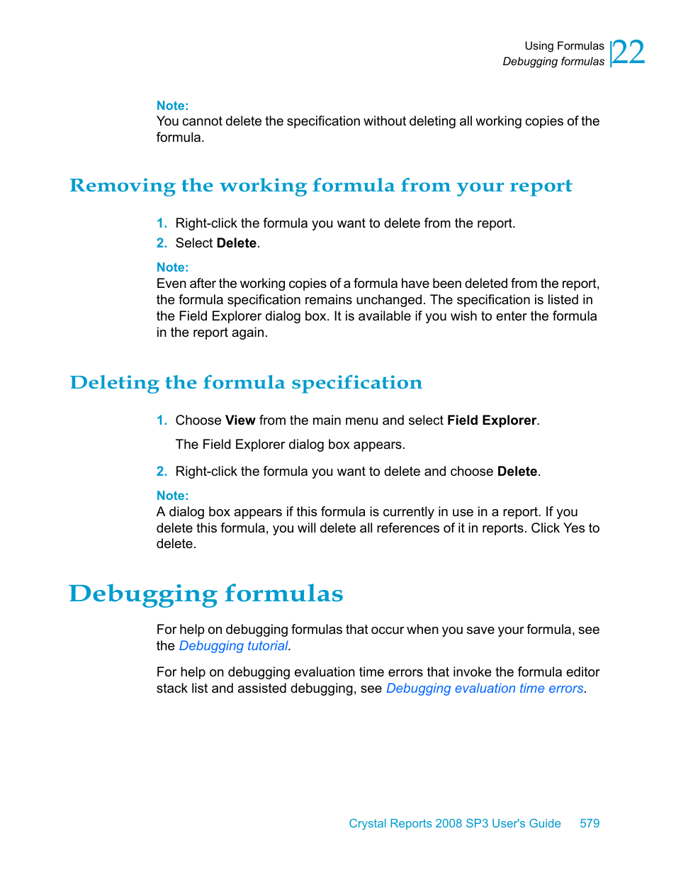 Removing the working formula from your report, Deleting the formula specification, Debugging formulas | HP Intelligent Management Center Standard Software Platform User Manual | Page 579 / 814