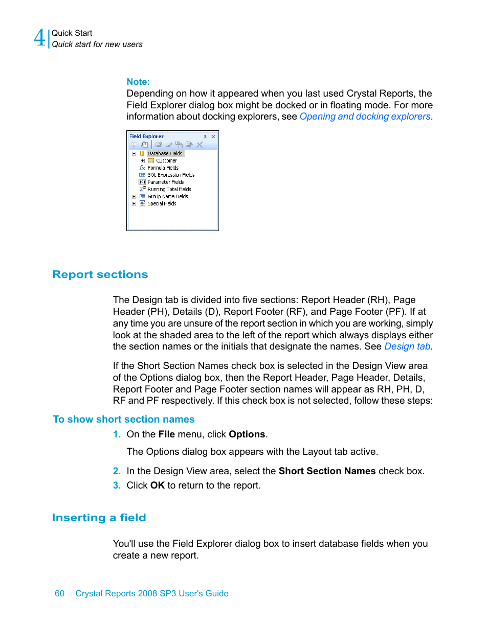 Report sections, To show short section names, Inserting a field | HP Intelligent Management Center Standard Software Platform User Manual | Page 60 / 814