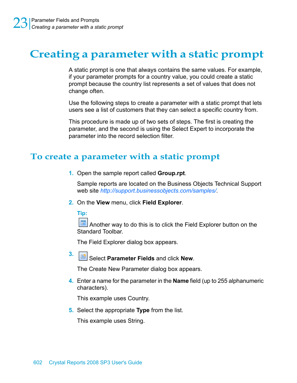 Creating a parameter with a static prompt, To create a parameter with a static prompt, Creating a parameter | With a static prompt | HP Intelligent Management Center Standard Software Platform User Manual | Page 602 / 814