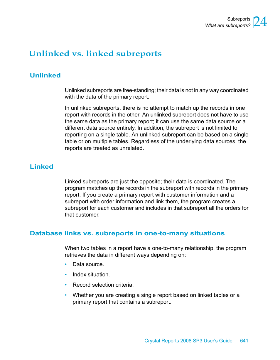 Unlinked vs. linked subreports, Unlinked, Linked | Database links vs. subreports in, One-to-many situations | HP Intelligent Management Center Standard Software Platform User Manual | Page 641 / 814