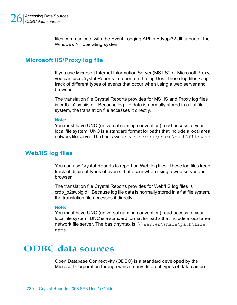 Microsoft iis/proxy log file, Web/iis log files, Odbc data sources | Odbc, Data sources | HP Intelligent Management Center Standard Software Platform User Manual | Page 730 / 814