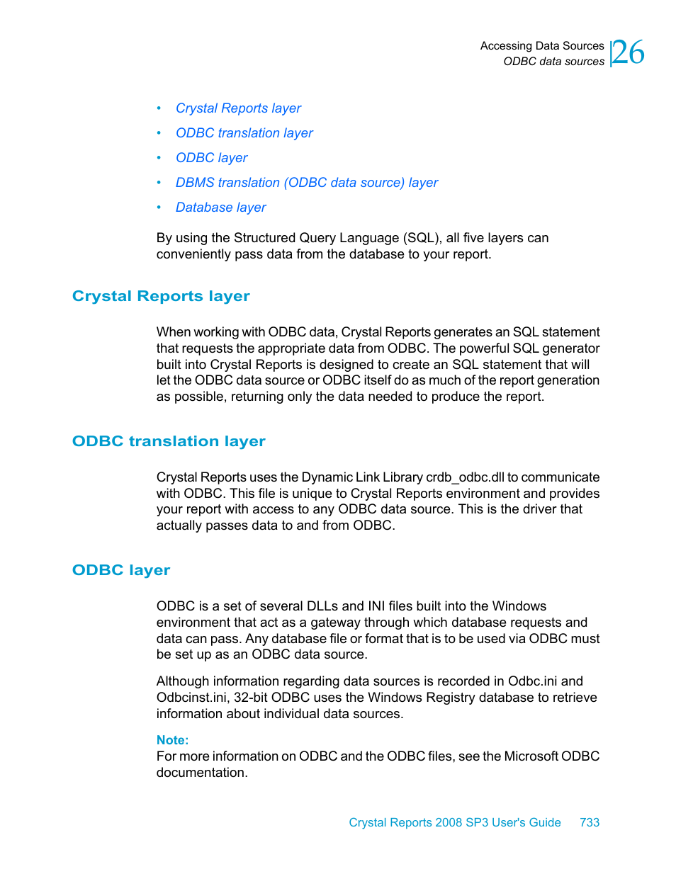 Crystal reports layer, Odbc translation layer, Odbc layer | HP Intelligent Management Center Standard Software Platform User Manual | Page 733 / 814