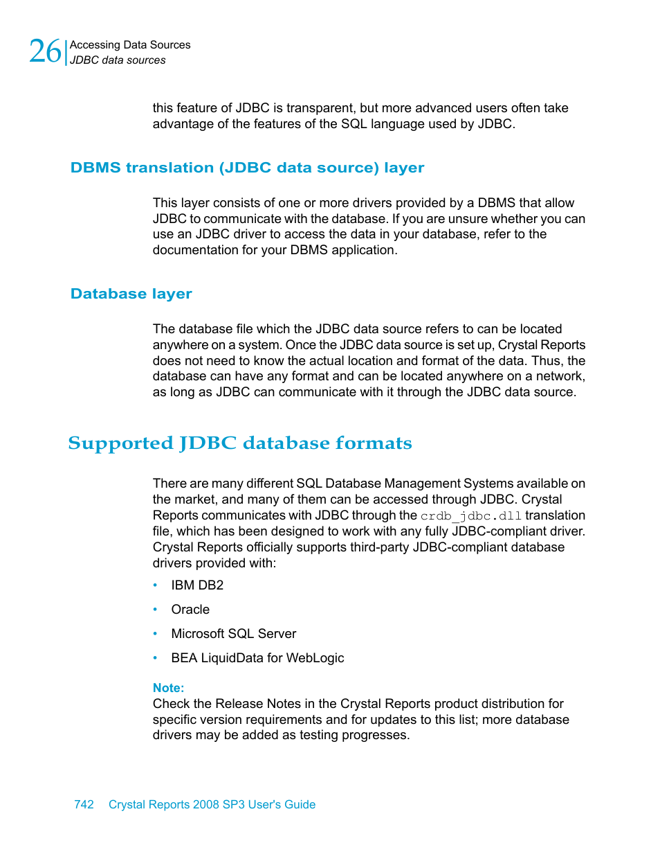 Dbms translation (jdbc data source) layer, Database layer, Supported jdbc database formats | HP Intelligent Management Center Standard Software Platform User Manual | Page 742 / 814