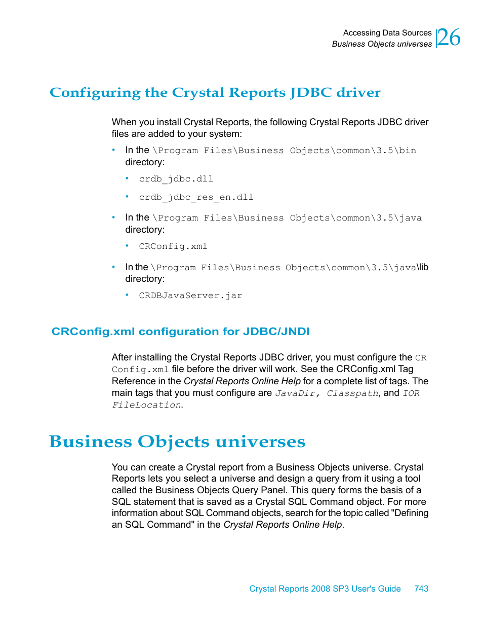 Configuring the crystal reports jdbc driver, Crconfig.xml configuration for jdbc/jndi, Business objects universes | HP Intelligent Management Center Standard Software Platform User Manual | Page 743 / 814