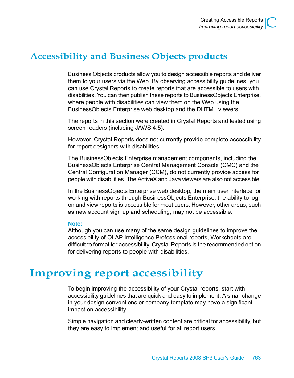 Accessibility and business objects products, Improving report accessibility | HP Intelligent Management Center Standard Software Platform User Manual | Page 763 / 814