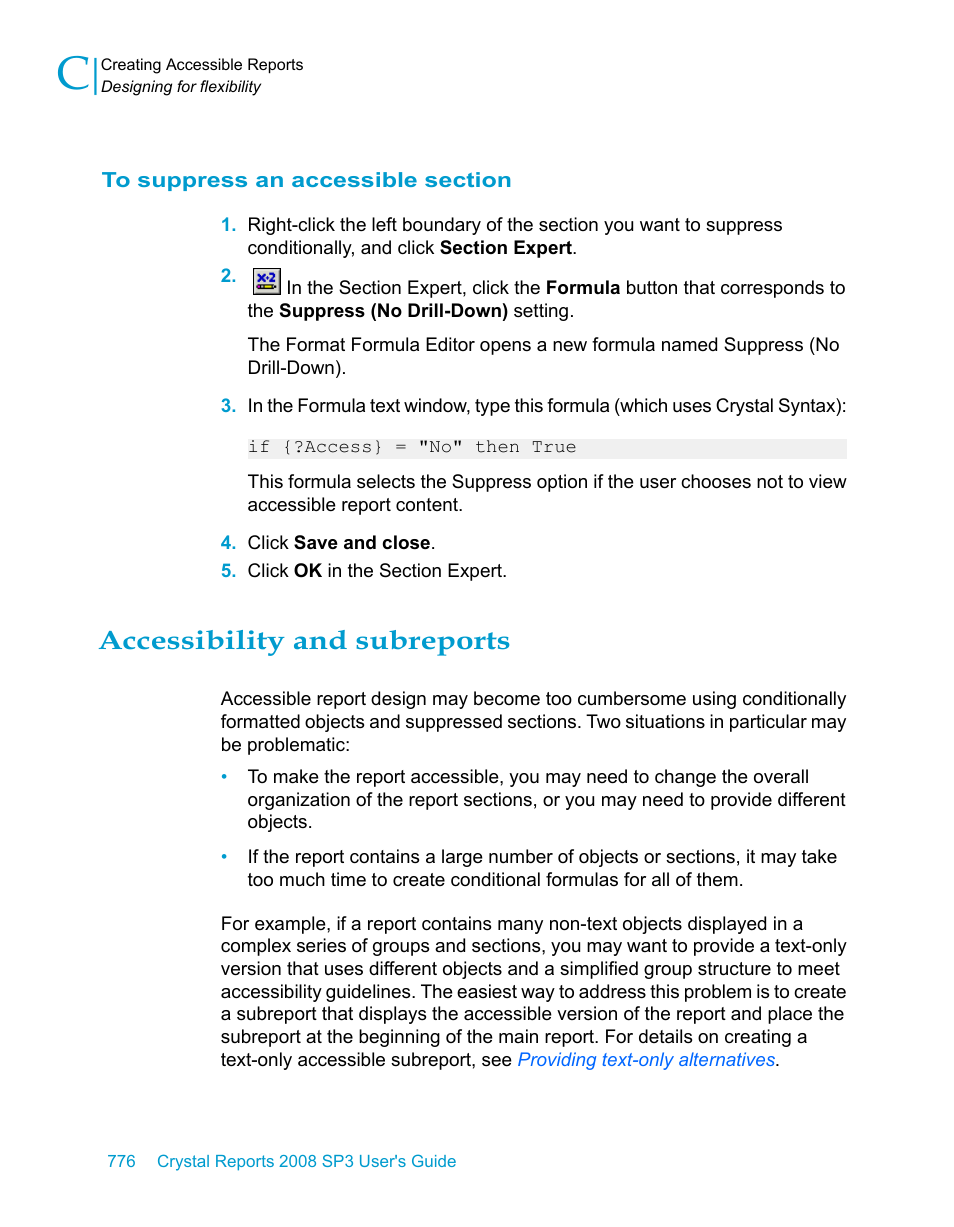 To suppress an accessible section, Accessibility and subreports | HP Intelligent Management Center Standard Software Platform User Manual | Page 776 / 814