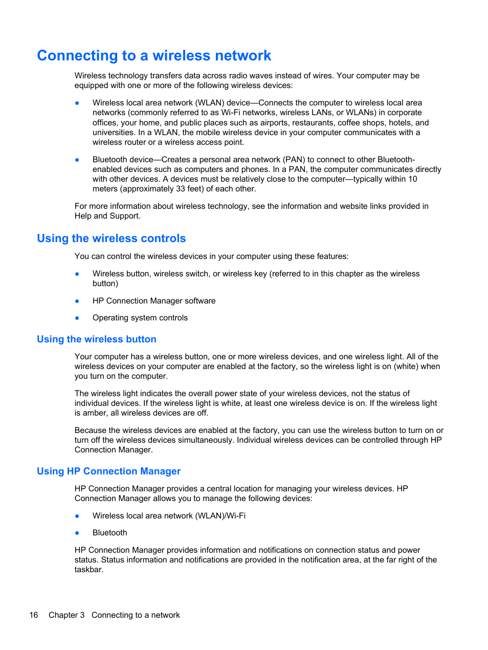 Connecting to a wireless network, Using the wireless controls, Using the wireless button | Using hp connection manager | HP Pavilion g4-2149se Notebook PC User Manual | Page 26 / 100