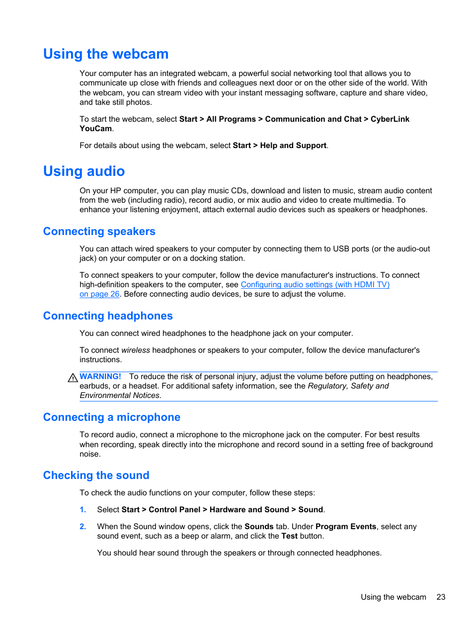 Using the webcam, Using audio, Connecting speakers | Connecting headphones, Connecting a microphone, Checking the sound, Using the webcam using audio, Using | HP Pavilion g4-2149se Notebook PC User Manual | Page 33 / 100
