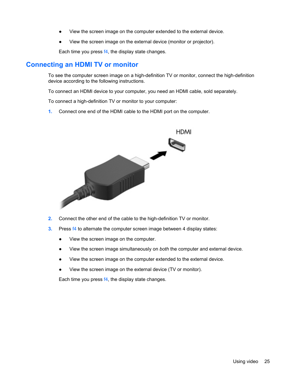 Connecting an hdmi tv or monitor | HP Pavilion g4-2149se Notebook PC User Manual | Page 35 / 100