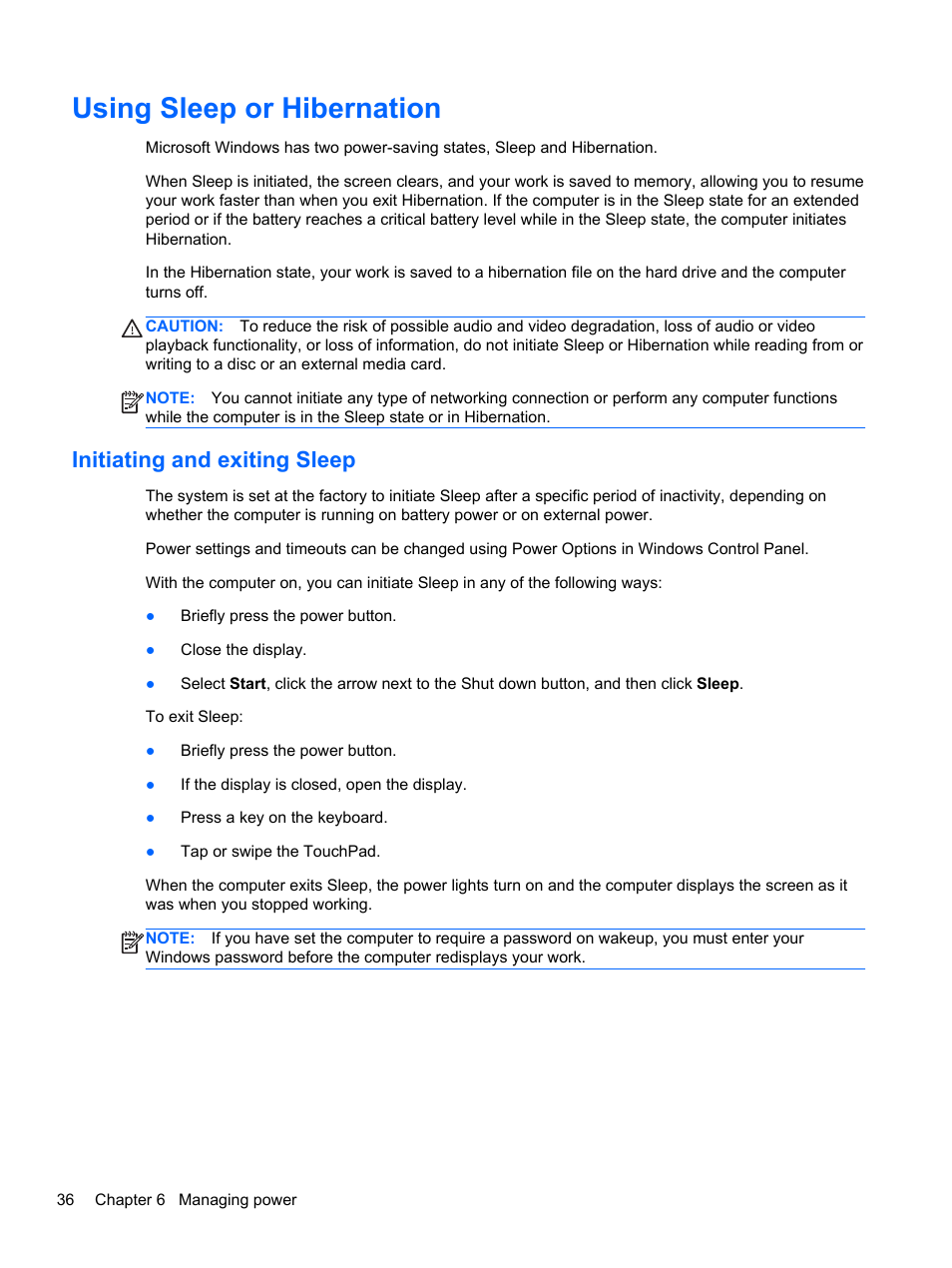 Using sleep or hibernation, Initiating and exiting sleep | HP Pavilion g4-2149se Notebook PC User Manual | Page 46 / 100