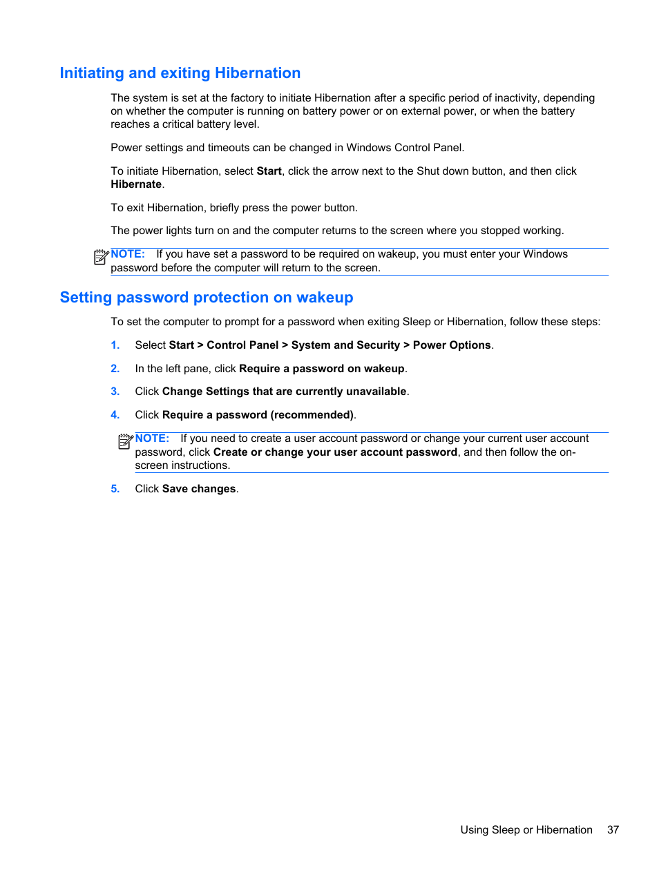 Initiating and exiting hibernation, Setting password protection on wakeup | HP Pavilion g4-2149se Notebook PC User Manual | Page 47 / 100