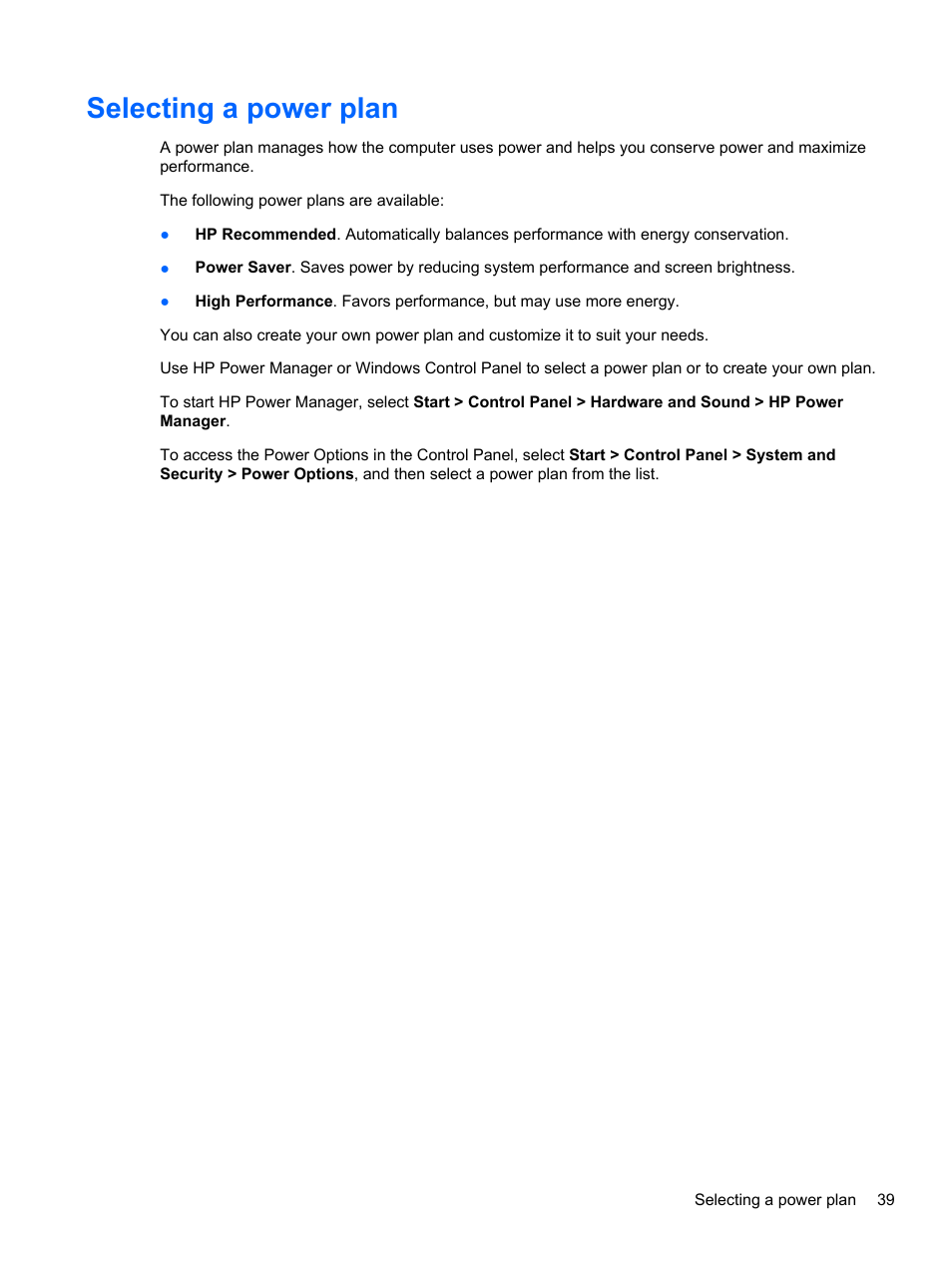 Selecting a power plan | HP Pavilion g4-2149se Notebook PC User Manual | Page 49 / 100