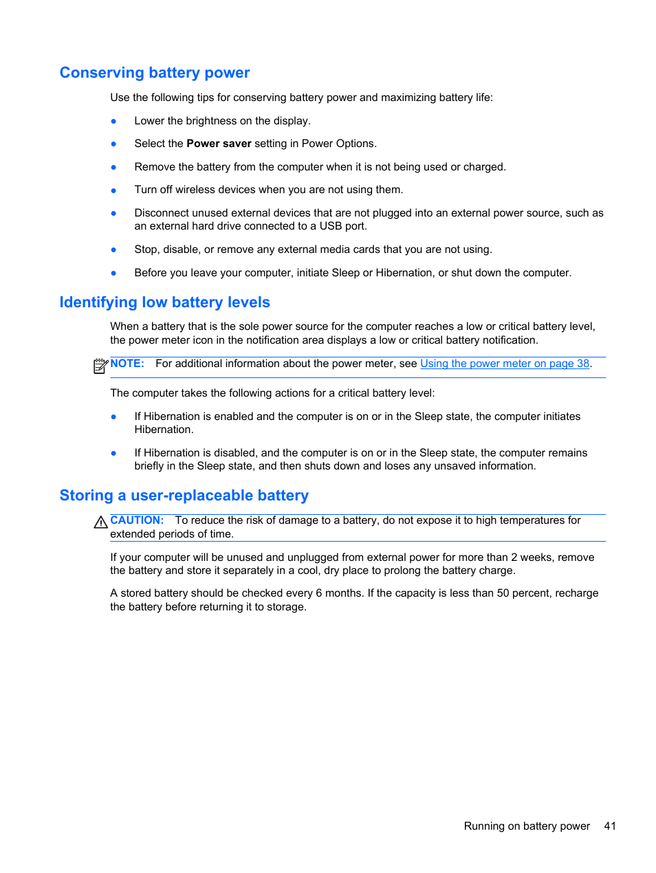 Conserving battery power, Identifying low battery levels, Storing a user-replaceable battery | HP Pavilion g4-2149se Notebook PC User Manual | Page 51 / 100