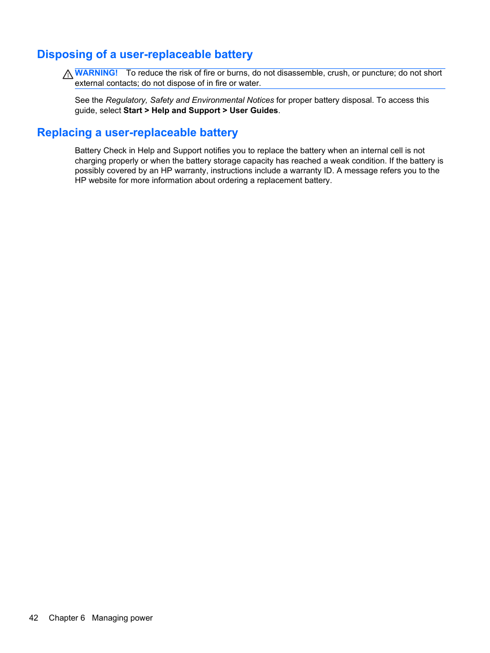 Disposing of a user-replaceable battery, Replacing a user-replaceable battery | HP Pavilion g4-2149se Notebook PC User Manual | Page 52 / 100