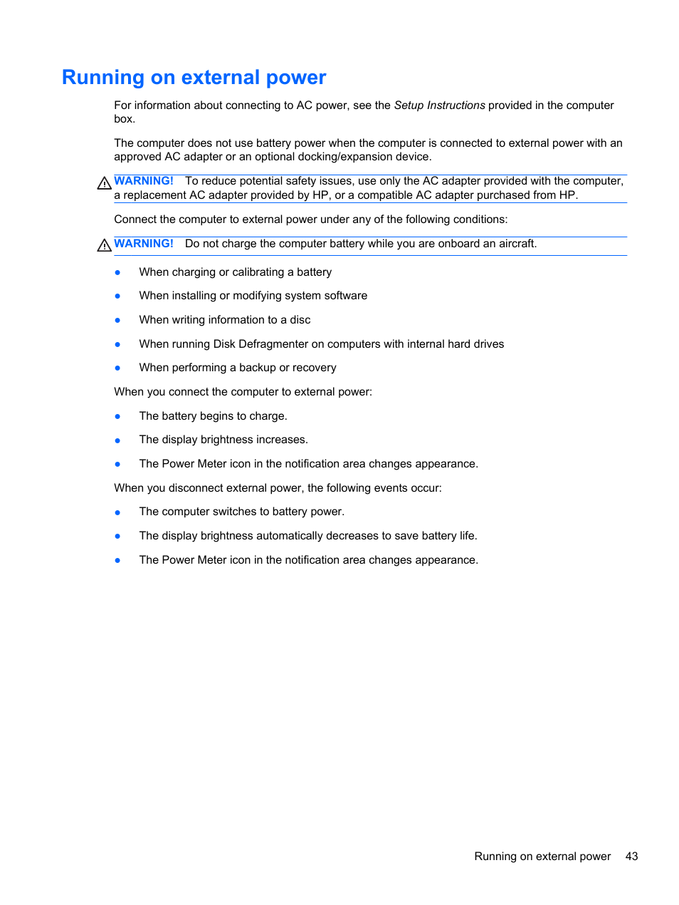Running on external power | HP Pavilion g4-2149se Notebook PC User Manual | Page 53 / 100