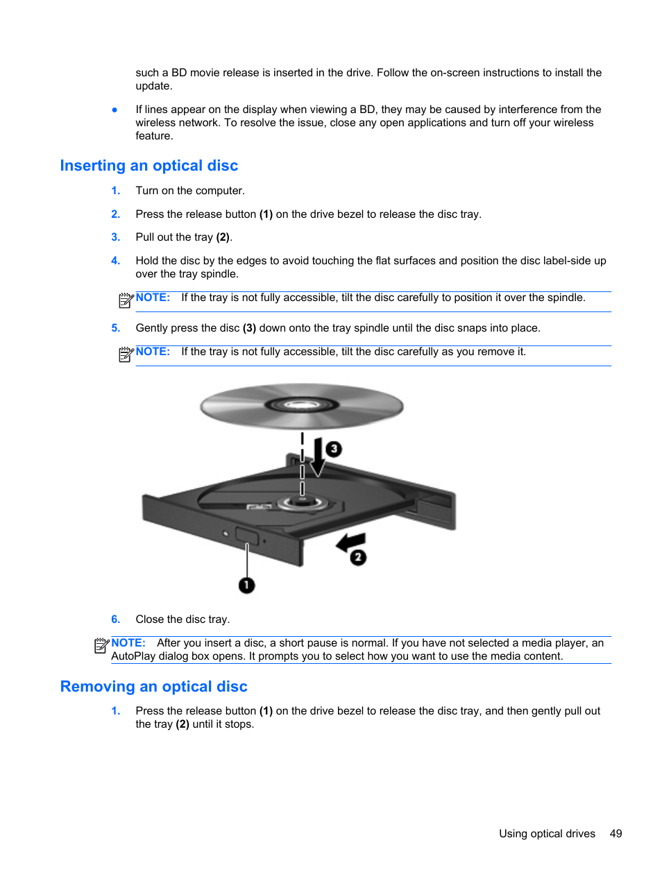 Inserting an optical disc, Removing an optical disc, Inserting an optical disc removing an optical disc | HP Pavilion g4-2149se Notebook PC User Manual | Page 59 / 100