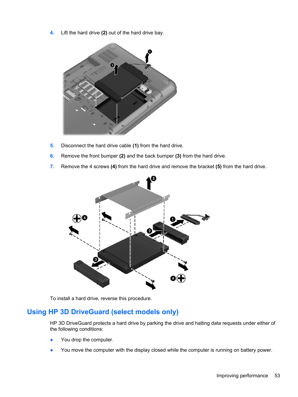 Using hp 3d driveguard (select models only) | HP Pavilion g4-2149se Notebook PC User Manual | Page 63 / 100